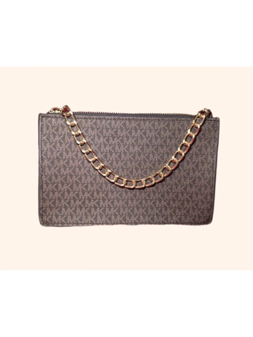 Michael Kors Brown Monogram Clutch Wristlet Belt Bag with Belt and Chain